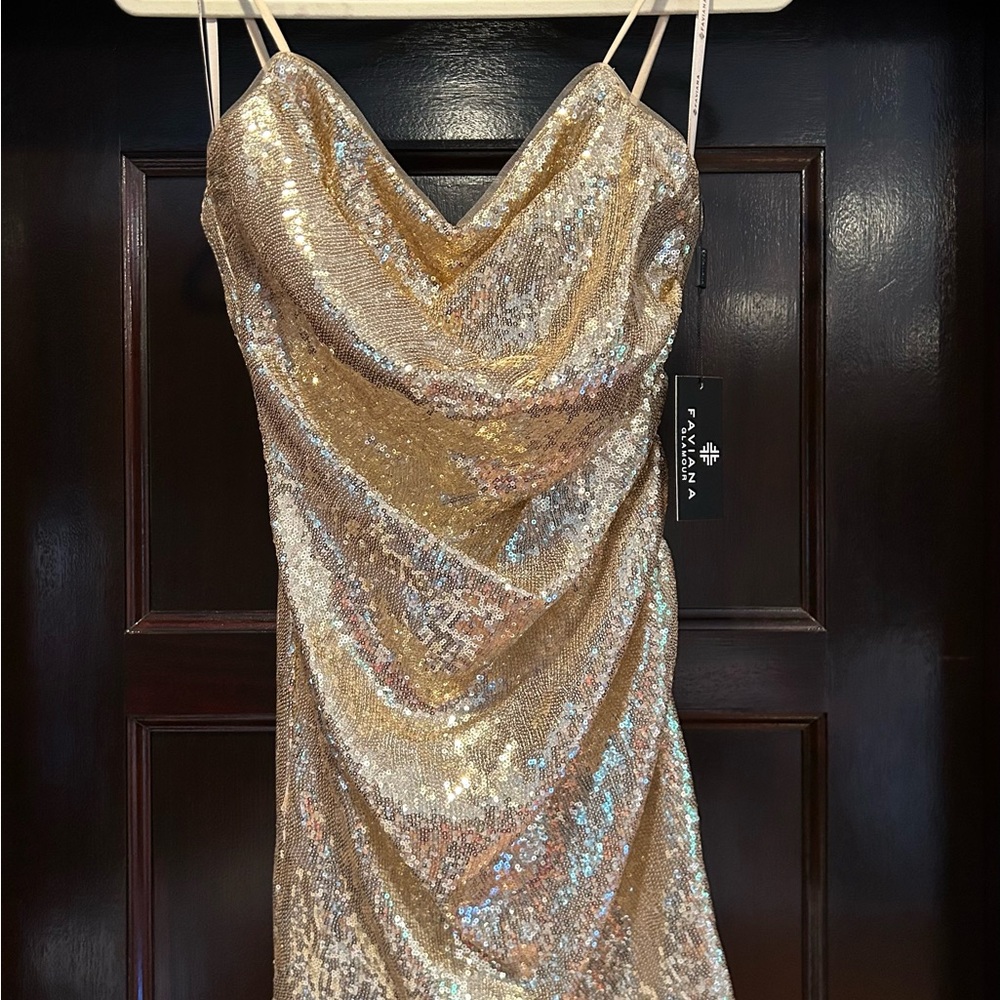 Faviana Gold Sequin Mini Dress